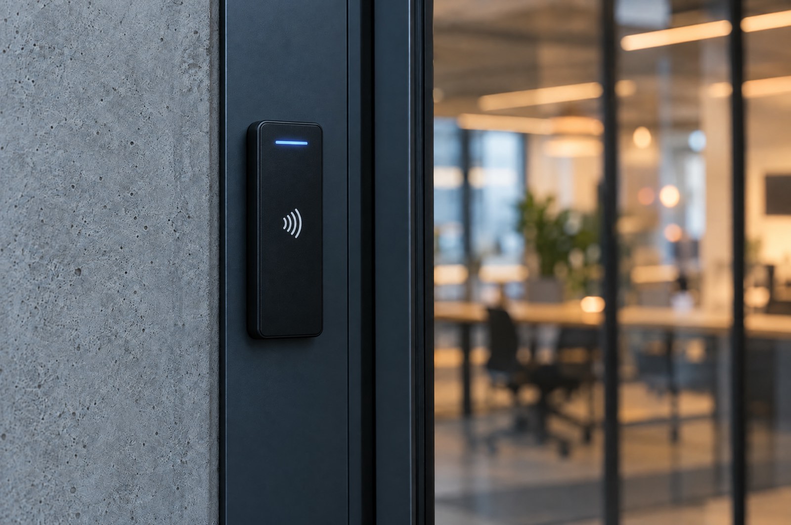A Kisi Reader Pro on an office door frame