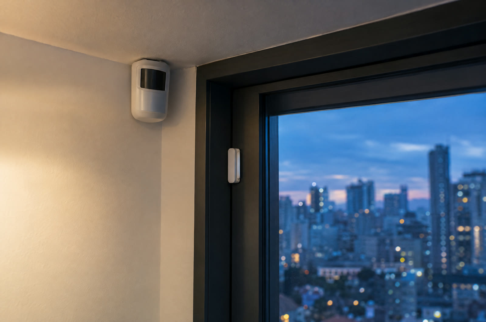 A motion detector in a room corner and a window contact sensor with a city view at dusk