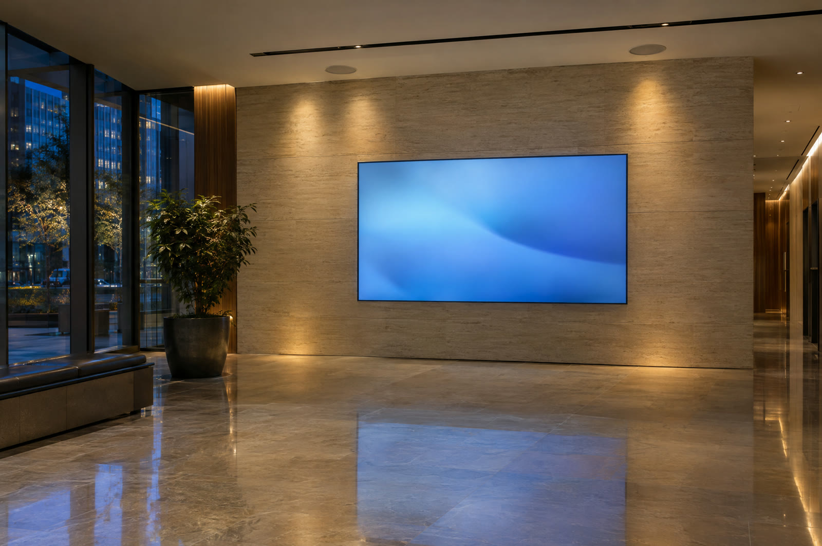 A building lobby with a large display mounted flush in a stone wall