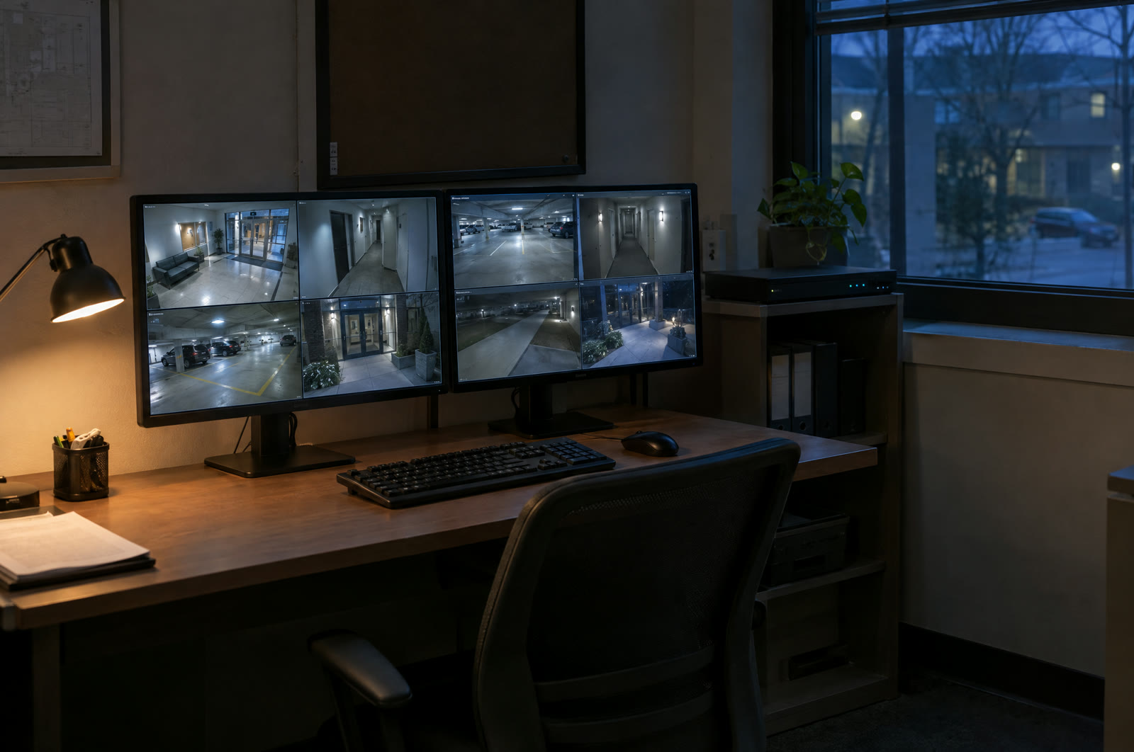 A security desk with monitors showing live camera views