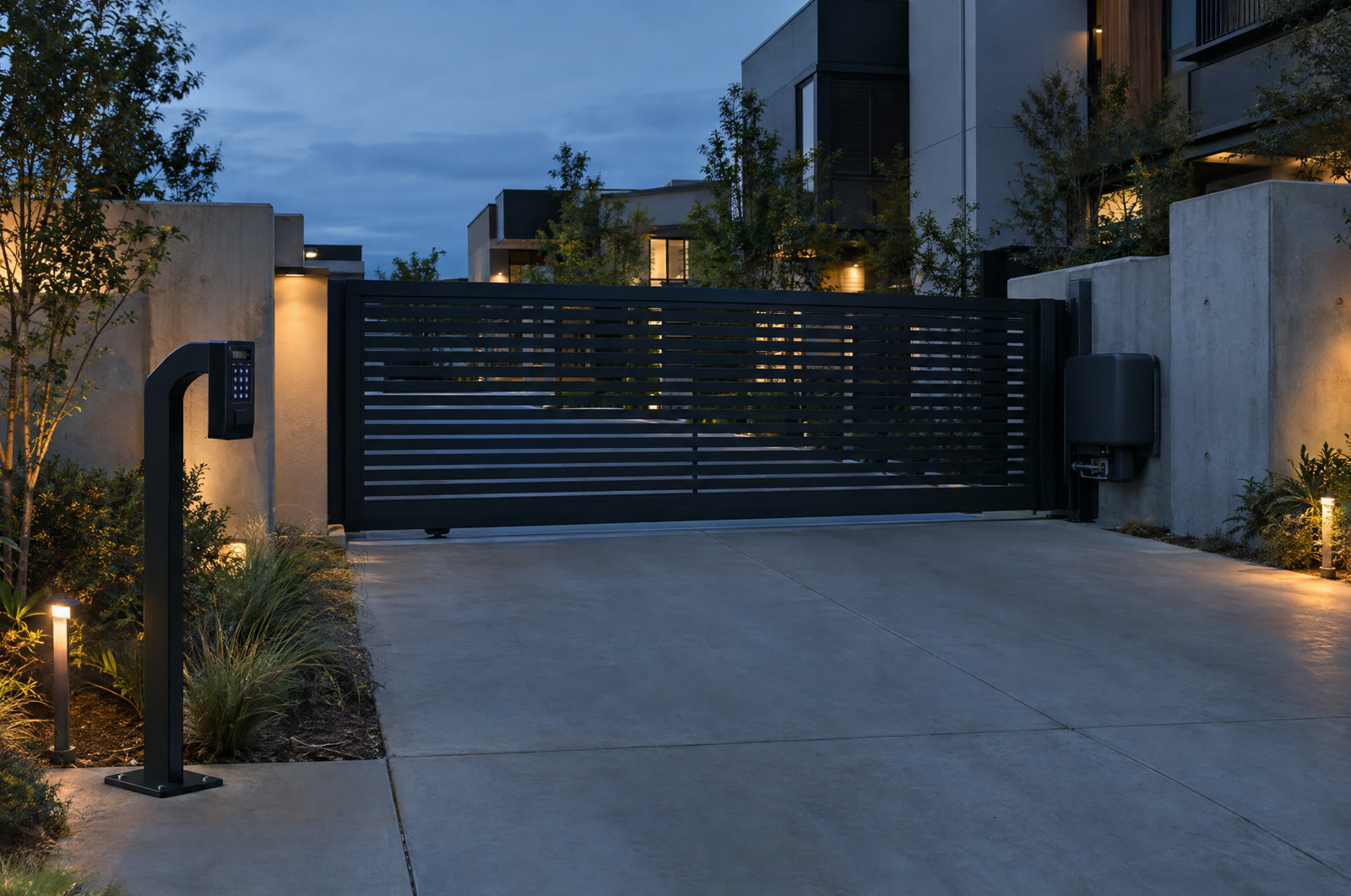 A black sliding gate at a residential complex with a keypad pedestal beside the drive lane