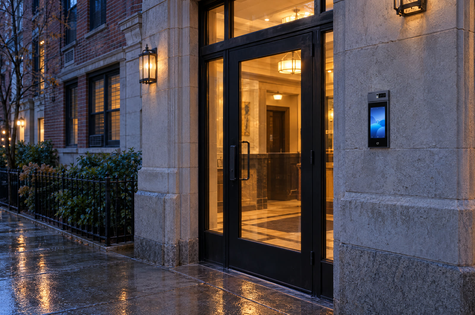 A New York apartment building entrance at dusk with an Akuvox S539 touchscreen door station beside the door