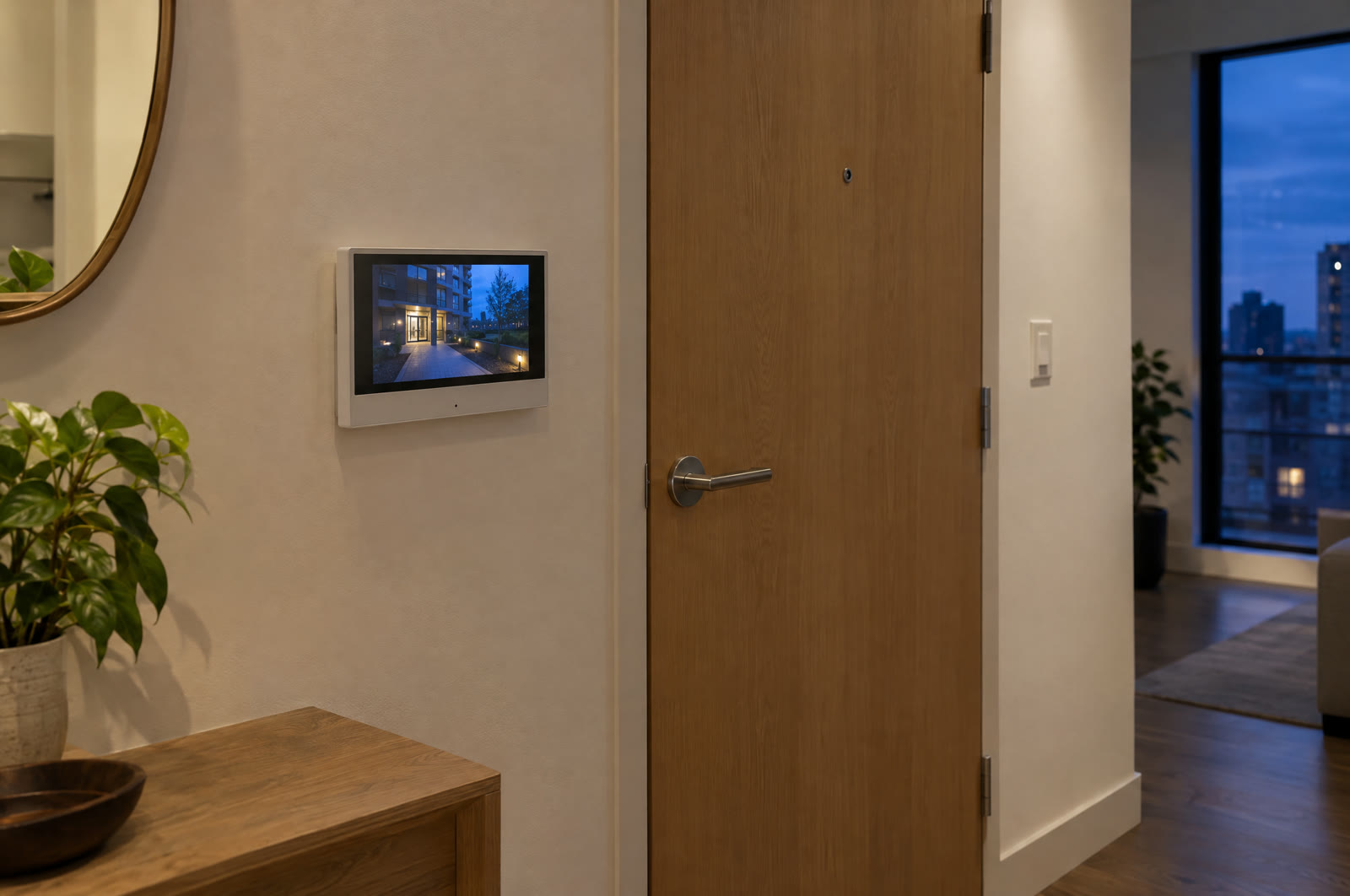 An indoor video intercom monitor on an apartment hallway wall showing the building entrance