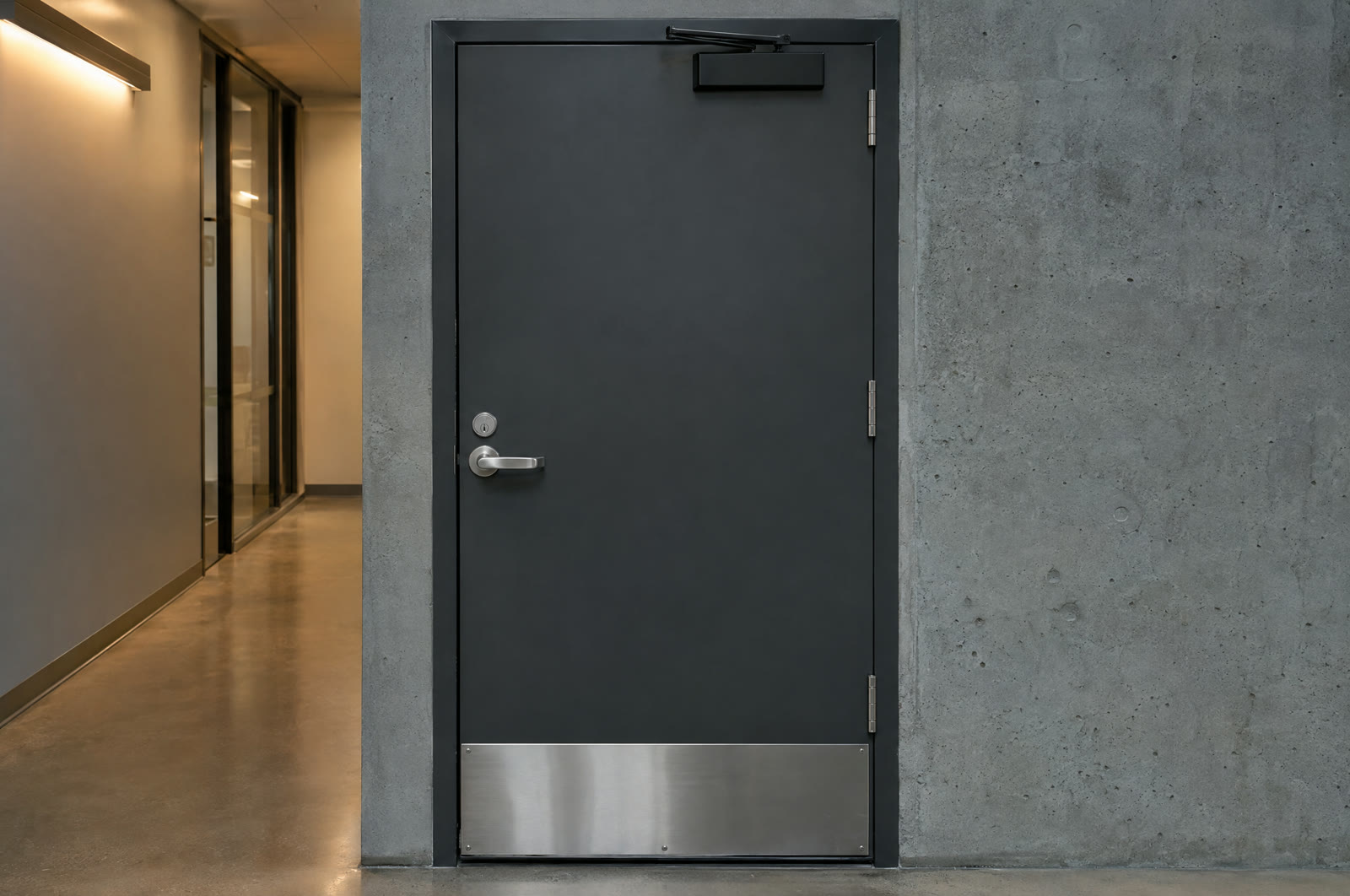 A commercial steel door with a stainless lever lockset, a door closer and a kick plate