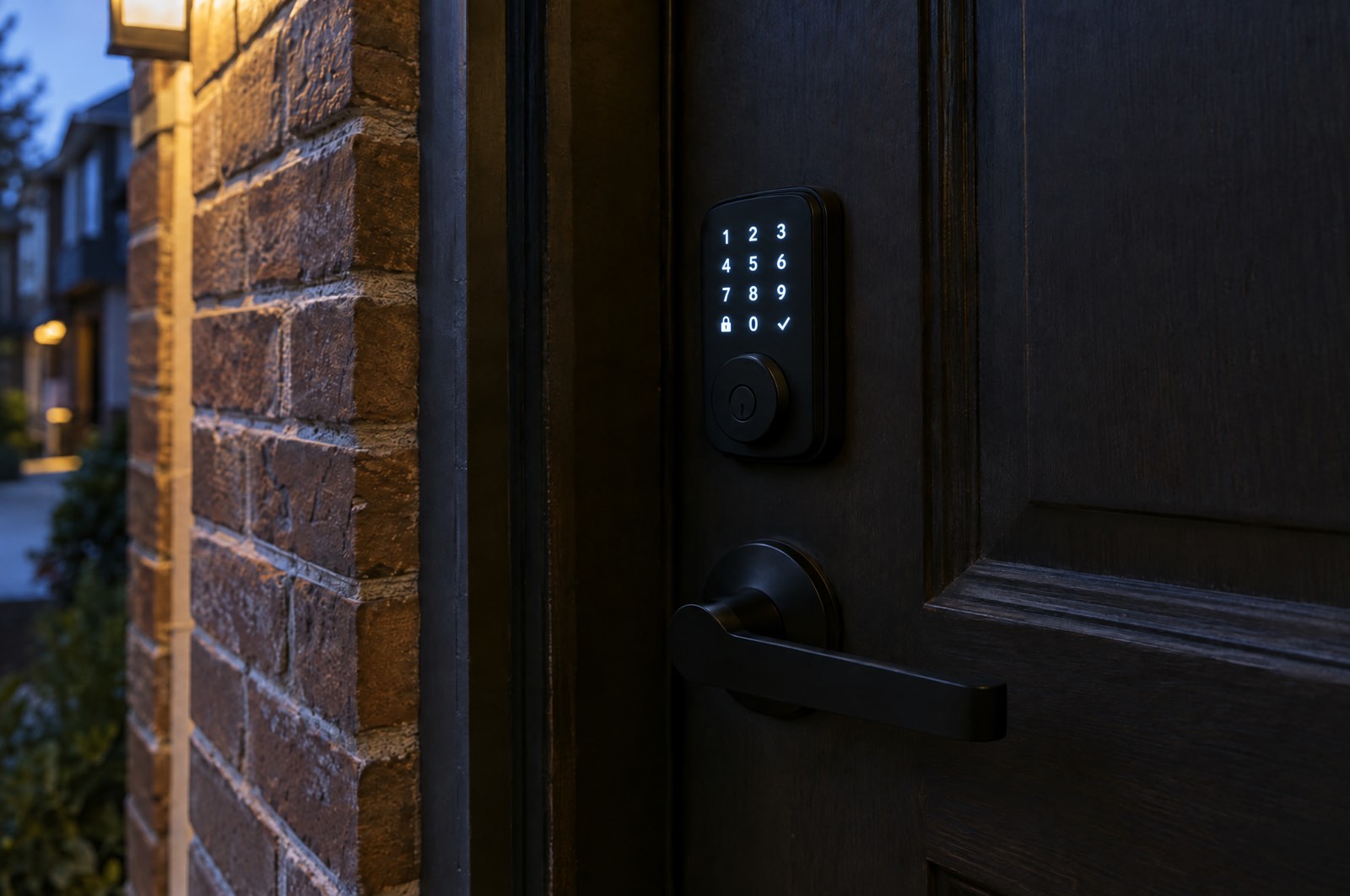 A black smart deadbolt with a lit keypad on a dark wooden front door