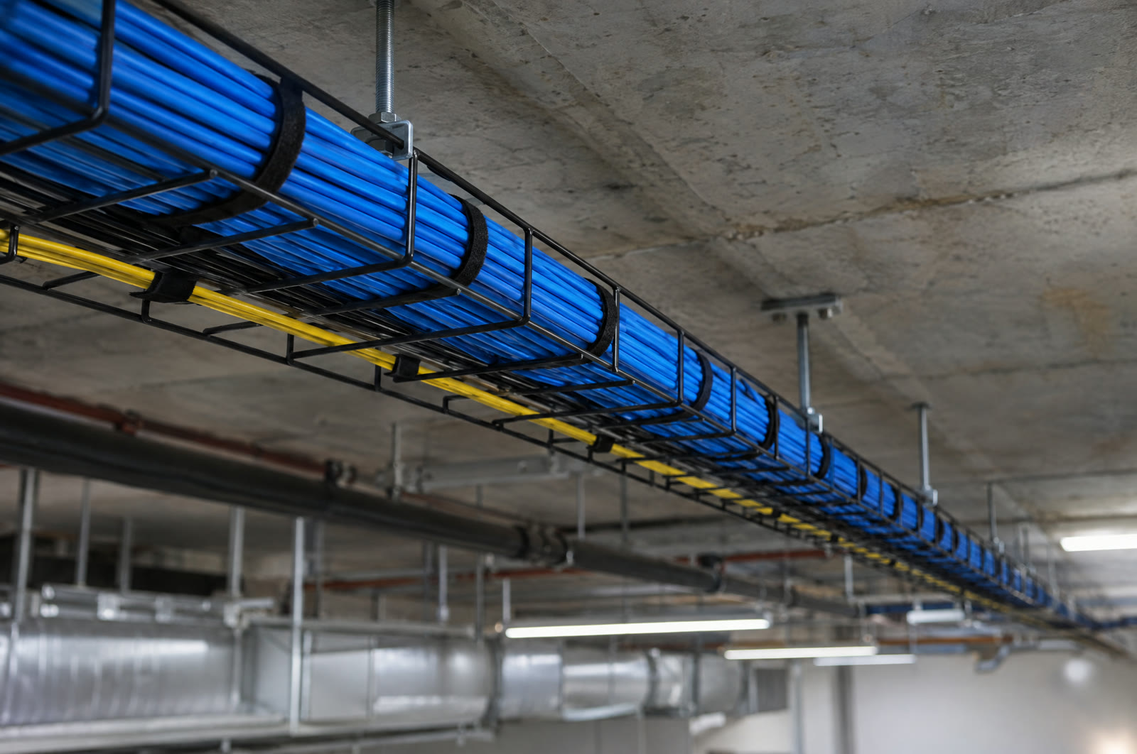 A cable tray carrying a neat bundle of blue network cables and a yellow fiber cable